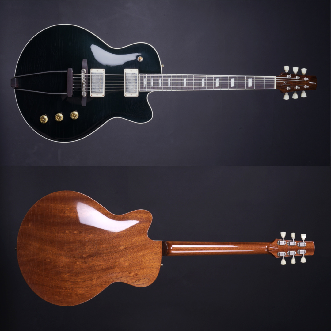 Handcrafted model 15 3/8 semi‑hollow guitar by LS guitars featuring a british racing green top with dual humbucker pickups and a glossy natural mahogany back – front and rear view of guitar 18.