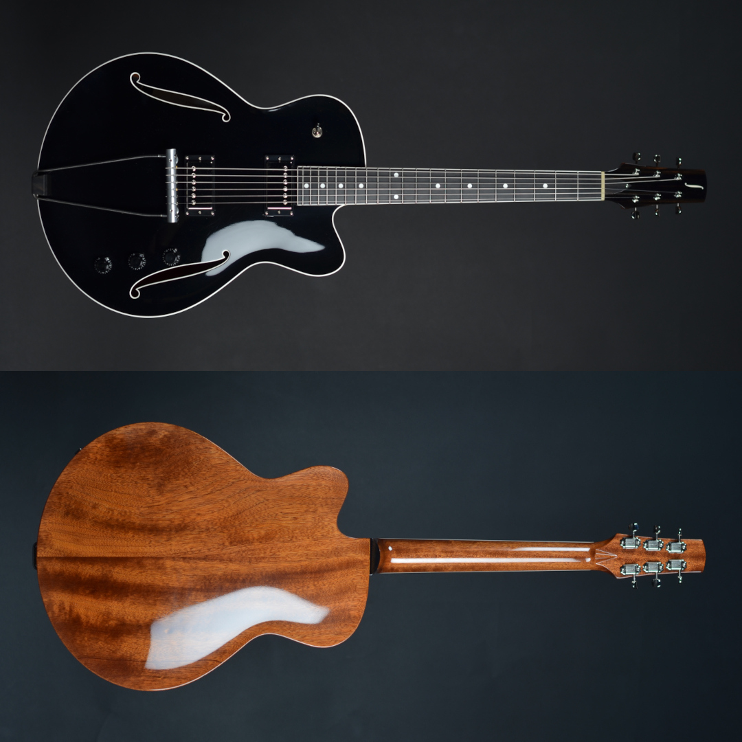 Handcrafted LS&nbsp;guitars model&nbsp;15&nbsp;3/8 hollow body guitar with a spruce top, dual Kloppmann HB 59 pickups, and an ebony fretboard – shown from front and rear