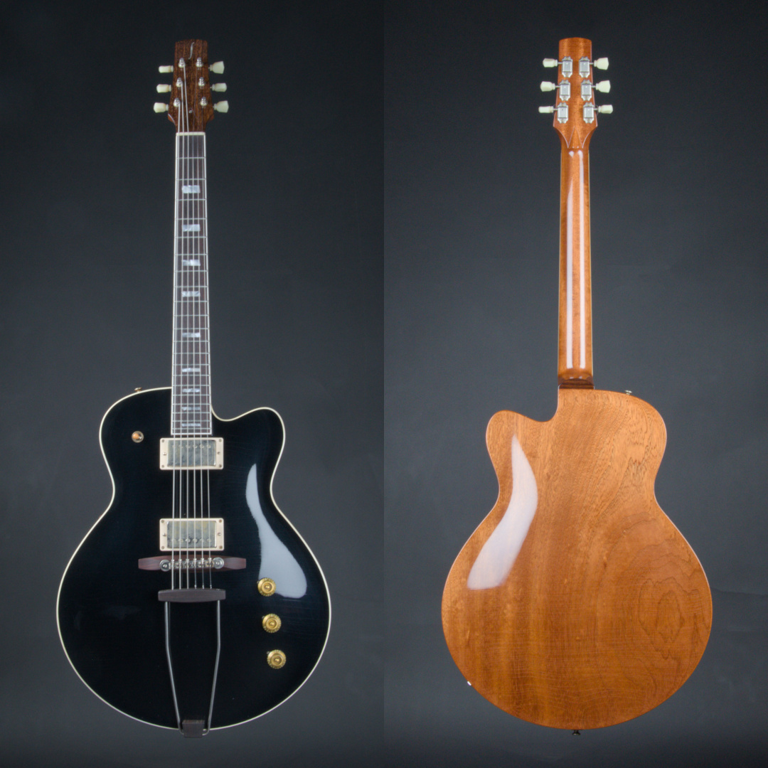Handcrafted LS&nbsp;guitars model&nbsp;15&nbsp;3/8 hollow body guitar with a spruce top, dual humbucker pickups, and a glossy natural mahogany back – shown from front and rear