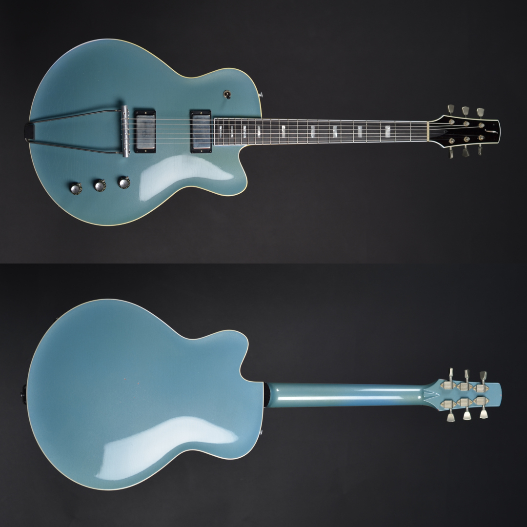 Handcrafted LS&nbsp;guitars model&nbsp;15&nbsp;3/8 hollow body guitar with a spruce top, dual HB-sized SunBird pickups, finished in reliced pelham blue – shown from front and rear