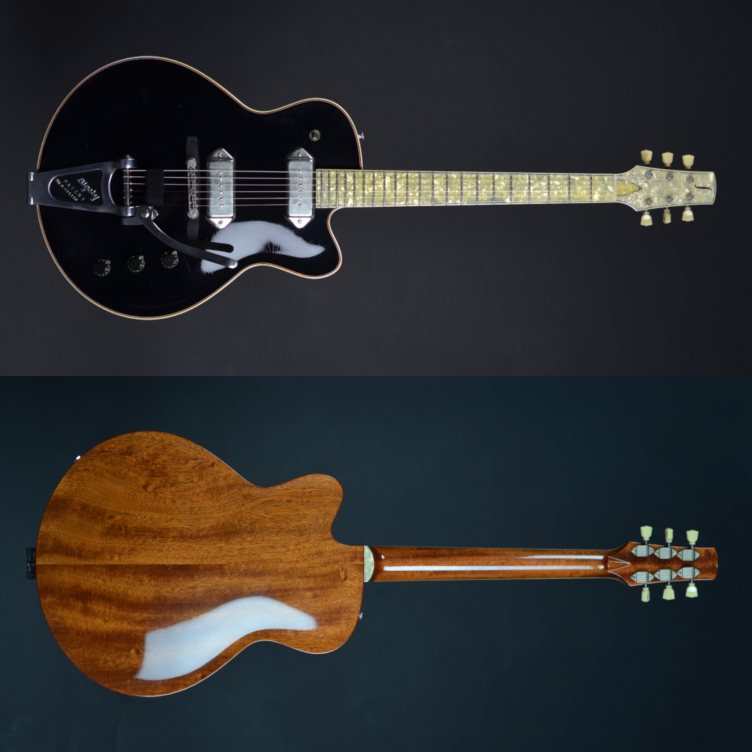 Handcrafted LS&nbsp;guitars model&nbsp;15&nbsp;3/8 hollow body guitar with a spruce top, dual dogear P90 pickups, and a Bigsby vibrato – shown from front and rear